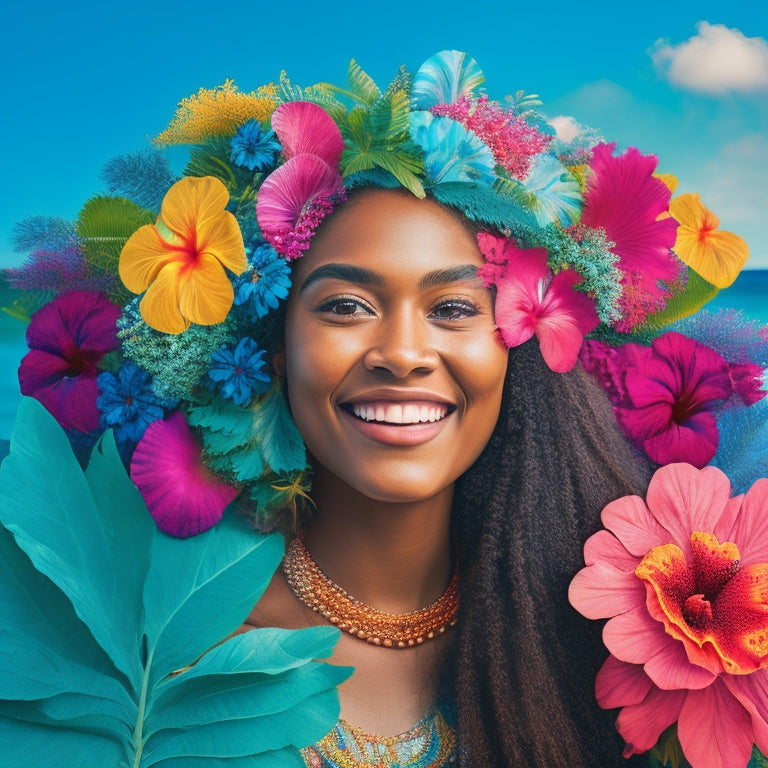 A colorful illustration featuring a joyful Hawaiian girl with a hibiscus flower crown, surrounded by tropical elements like palm fronds, flowers, and seashells, set against a bright blue background.