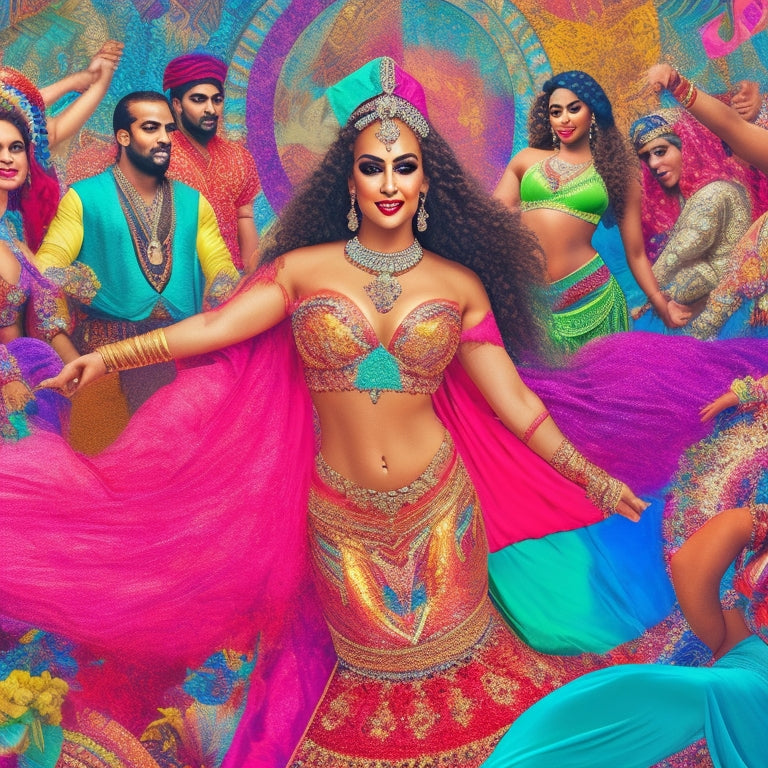 A vibrant, colorful illustration featuring a belly dancer in the center, surrounded by Facebook icons, including likes, comments, and shares, with Arabic-inspired patterns and swirling fabrics in the background.