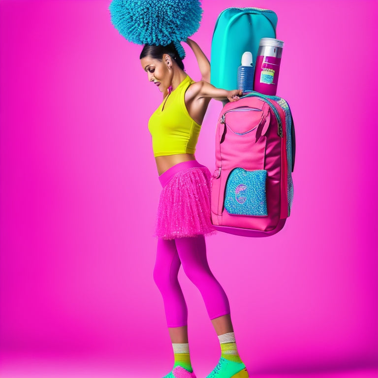 A colorful, whimsical illustration of a dancer holding a bright pink backpack filled with dance-related items, such as a water bottle, dance shoes, and a first-aid kit.