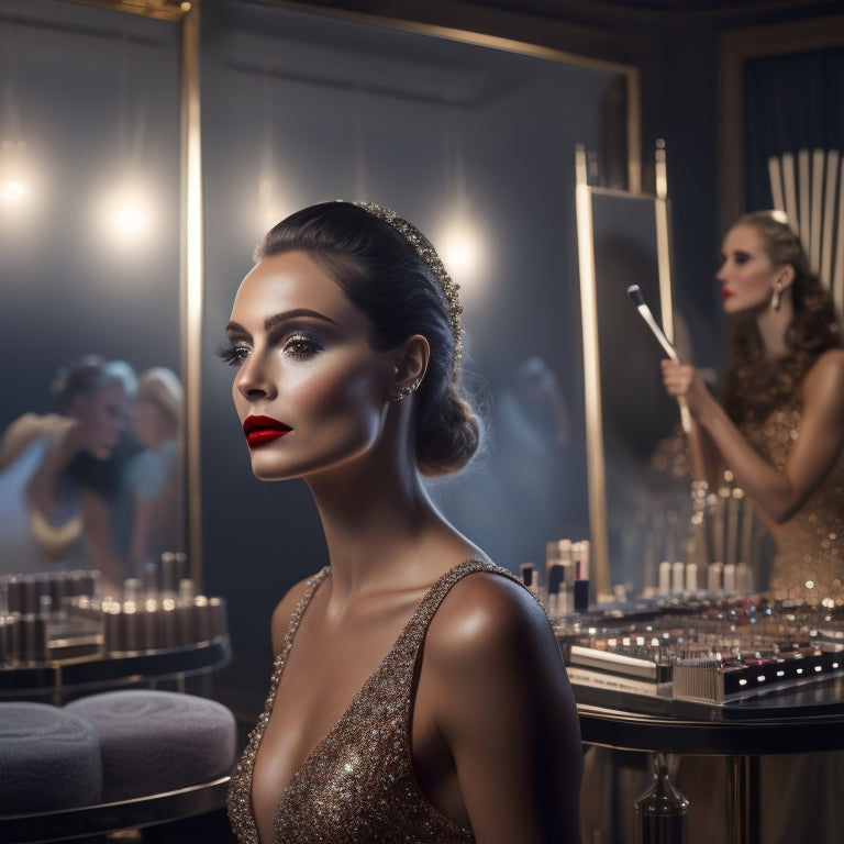 A beautiful, glamorous woman with a spotlight shining on her face, surrounded by makeup brushes, palettes, and mirrors, with a subtle dance-inspired background featuring ballet bars or a dance floor.