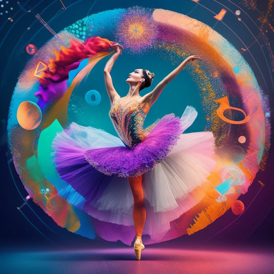 A whimsical illustration of a ballet dancer surrounded by swirling, colorful abstract shapes, with medical symbols and scientific formulas subtly integrated into the design.