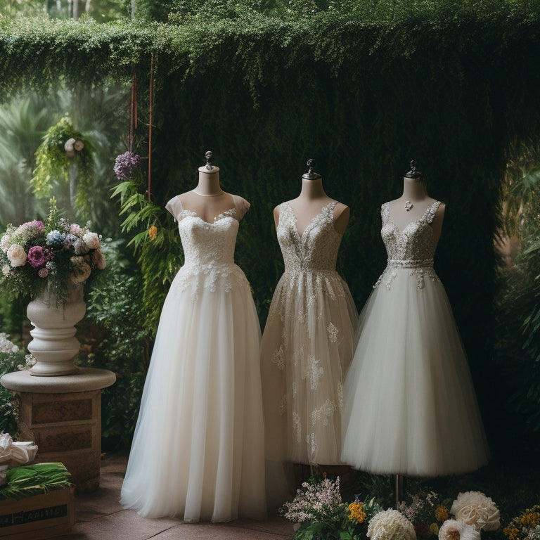 A whimsical, dreamy scene featuring three stylish short wedding dresses in different styles, posed on mannequins amidst lush greenery, vintage flowers, and elegant venue backdrops.