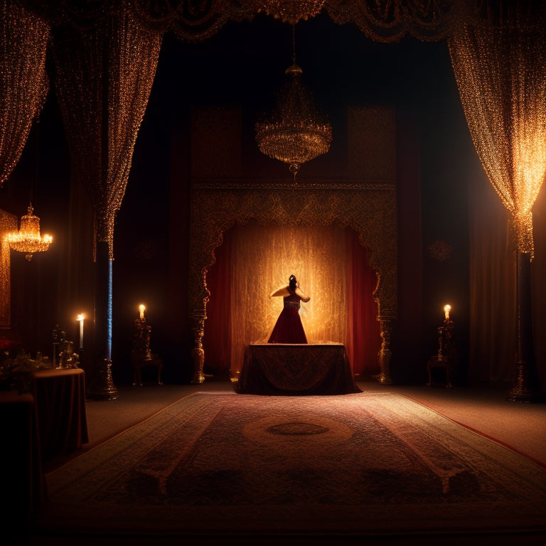 A serene, dimly lit concert hall with a spotlight shining on a solo belly dancer, surrounded by intricately patterned Middle Eastern-inspired rugs and ornate golden curtains.