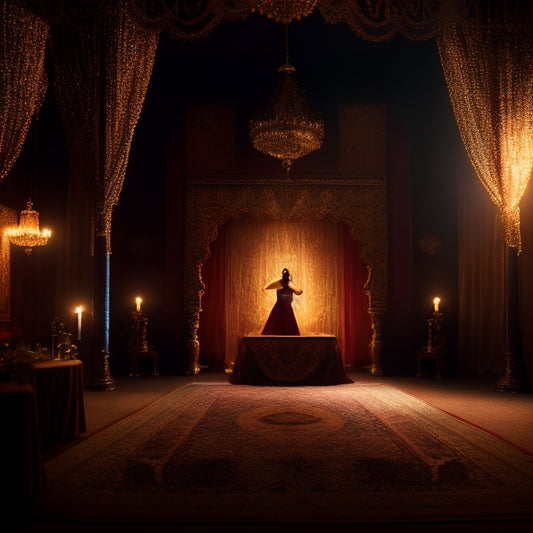 A serene, dimly lit concert hall with a spotlight shining on a solo belly dancer, surrounded by intricately patterned Middle Eastern-inspired rugs and ornate golden curtains.