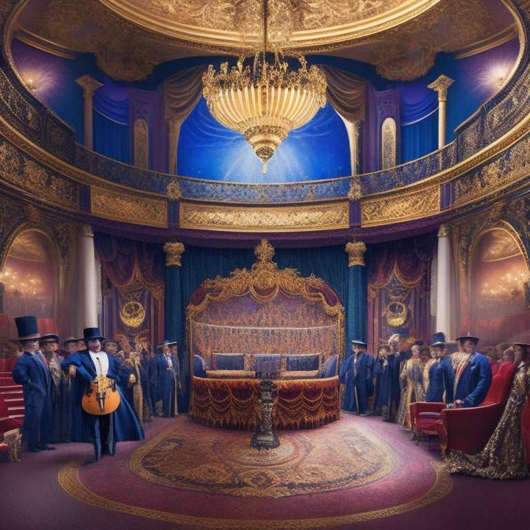 A vibrant illustration of a grand, ornate theater stage, spotlight shining down, with Tony Waag's portrait in the background, surrounded by top hat, canes, and tapping shoes, amidst swirling patterns of shoes and music notes.