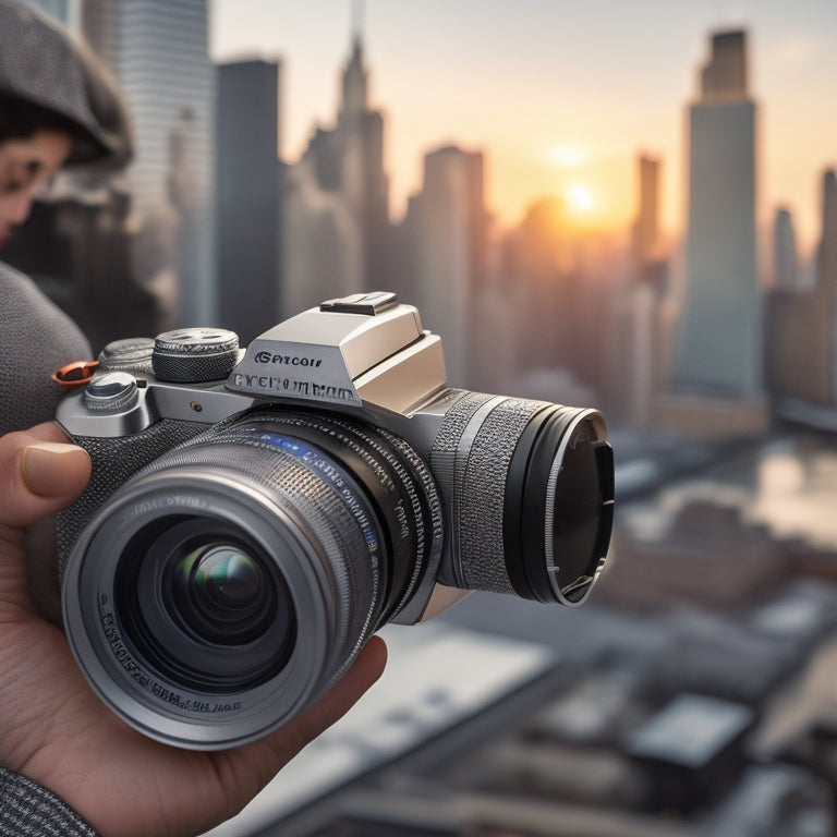 A close-up of a professional photographer's hands holding a sleek, silver camera, with a blurred-out Manhattan cityscape in the background, and a few elegantly printed headshots scattered around.