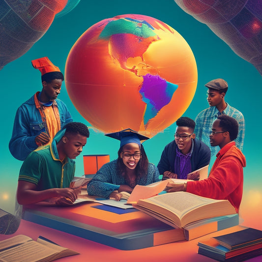 A vibrant, stylized illustration of a diverse group of students from different cultural backgrounds gathered around a large, glowing globe, surrounded by floating books, laptops, and graduation caps.