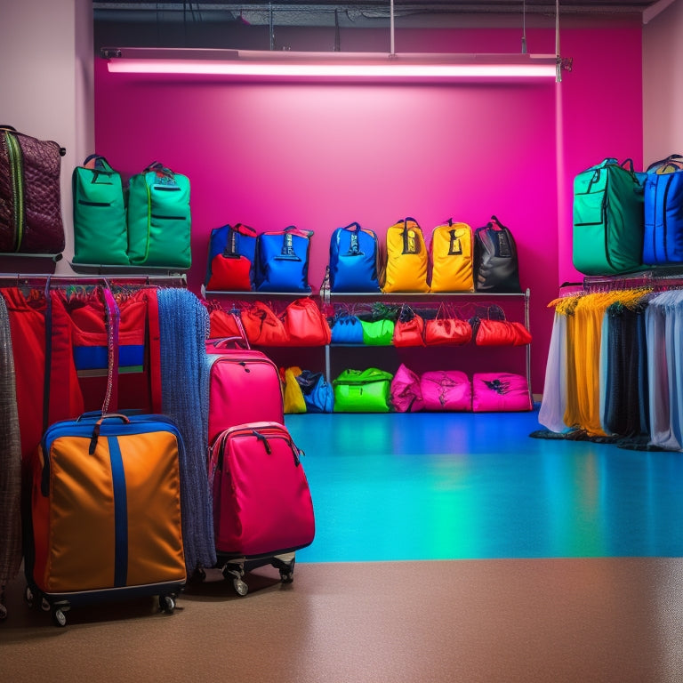 A dance studio with a row of dance bags on the floor, each with a built-in garment rack holding multiple colorful costumes, spotlight shining down on the organized setup.