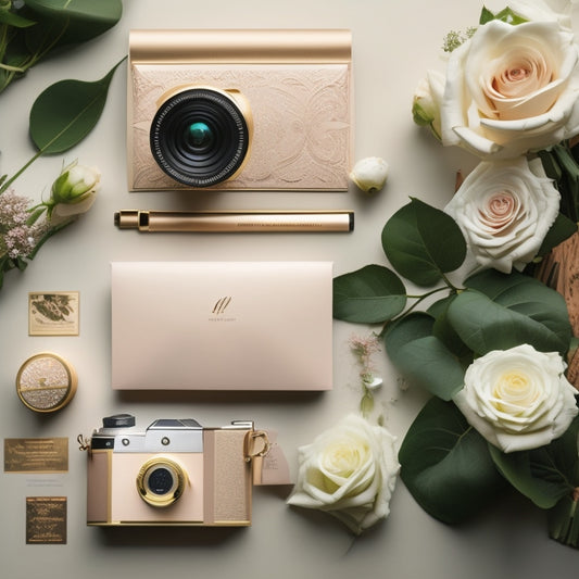 A elegant, cream-colored background with a gold foil-stamped wedding invitation, a DSLR camera, a laptop, and a leather portfolio, surrounded by scattered roses and eucalyptus leaves.