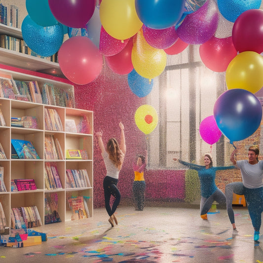 Vibrant illustration featuring a dance fitness studio with confetti balloons, surrounded by bookshelves with open books, and a calendar in the background with colorful event stickers.