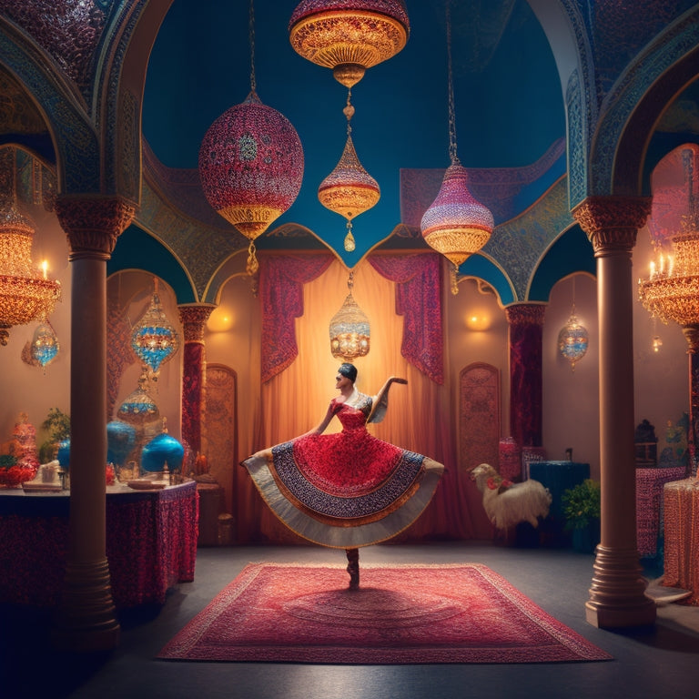 A whimsical illustration of a mysterious, dimly lit Middle Eastern-inspired dance studio, featuring a lone, elegant dancer in a flowing, intricately patterned scarf, surrounded by ornate lanterns and mesmerizing rhythmic patterns.