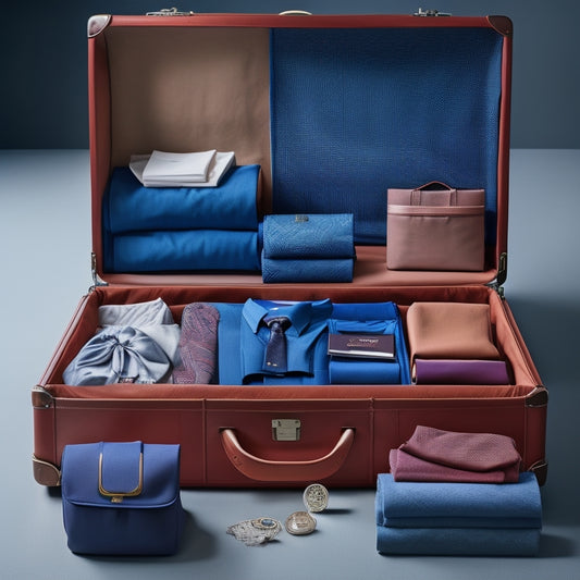 A suitcase filled with neatly folded dress clothes, such as a suit, dress, and blouse, alongside rolled-up accessories like a tie and scarf, with a few packing cubes and tissue paper visible.