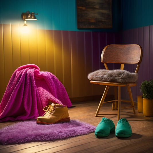 A nostalgic 80s-inspired scene featuring a retro-colored background, a lone pair of worn leg warmers draped over a wooden chair, and a few scattered dance studio props, bathed in soft, warm lighting.