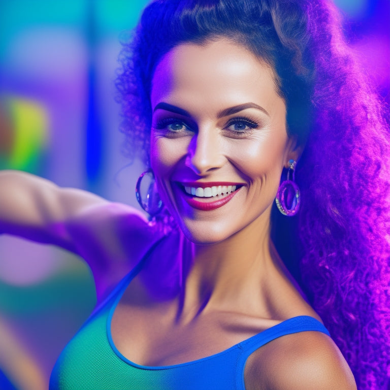 A vibrant, energetic illustration of a fit, smiling woman in her 30s, dancing in a bright, colorful studio, surrounded by mirrors and exercise equipment, with a blurred background of city lights.