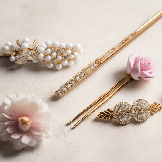 A stylish arrangement of five trendy hair slides in various designs—floral, metallic, and bejeweled—set against a chic marble background, with soft, natural light highlighting their textures and colors.