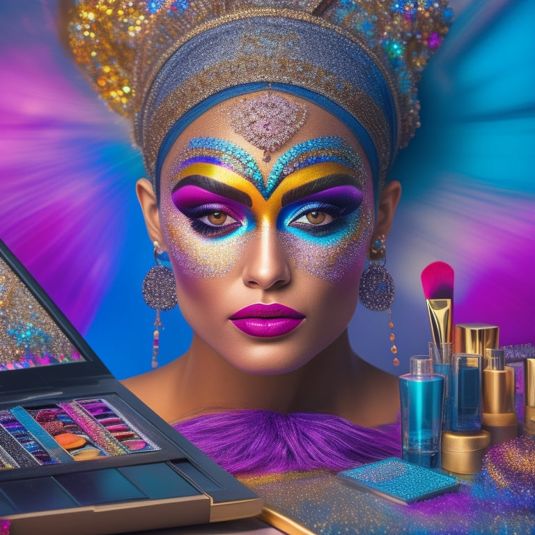 A colorful, whimsical illustration of a dancer's face with a vibrant, sparkly makeup design, surrounded by laptops, brushes, and makeup palettes, with a subtle dance studio background.