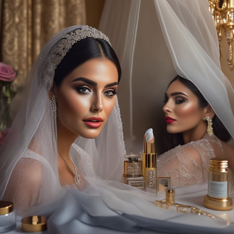 A delicate, lace-trimmed veil drapes across a soft, golden-lit makeup station, surrounded by an array of luxurious beauty products and tools, with a stunning, flawless bride-to-be in the background.