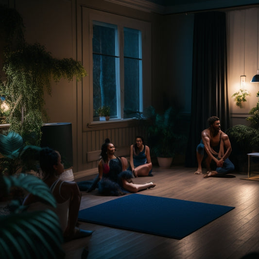 A serene, dimly lit dance studio with a few dancers in comfortable clothing, surrounded by calming plants, with a laptop and speaker in the corner, softly lit with warm, calming colors.