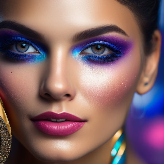 A close-up of a dancer's face, spotlight shining down, with a smudged, uneven makeup application, including a crooked eyebrow, mismatched eyeshadow, and a lip color that's too bright, surrounded by scattered makeup brushes and products.