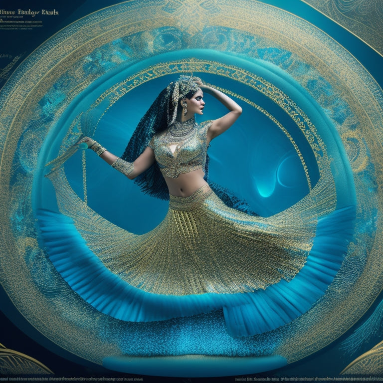 A whimsical illustration featuring a belly dancer in mid-performance, surrounded by swirling patterns of data visualization elements, such as graphs, charts, and infographics, in shades of turquoise and gold.