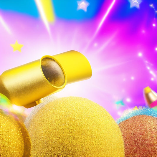 A vibrant, colorful illustration of a cheerleader's pom-poms, megaphone, and spirit fingers, surrounded by glittery, shiny stars, confetti, and bursts of light, set against a bright, sunny yellow background.