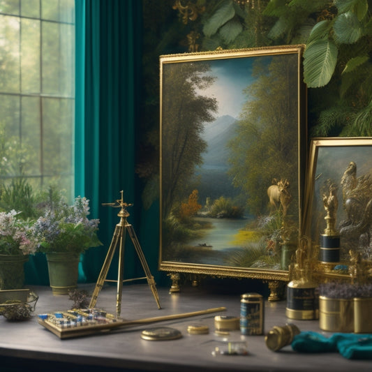 A serene, well-lit studio with a half-finished canvas, vibrant paint tubes, and a few scattered brushes, surrounded by elegant, ornate gold frames and lush greenery.