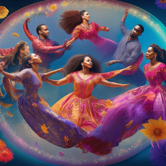 A vibrant illustration featuring a diverse group of people in dynamic dance poses, surrounded by swirling patterns of light, flowers, and subtle religious symbols, blending movement, joy, and spirituality.