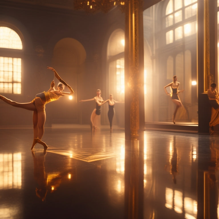 A serene, visually striking image featuring a fit, focused dancer in a studio, surrounded by mirrors and barres, executing a precise, slow-motion grand plié, with soft, golden lighting and blurred background.