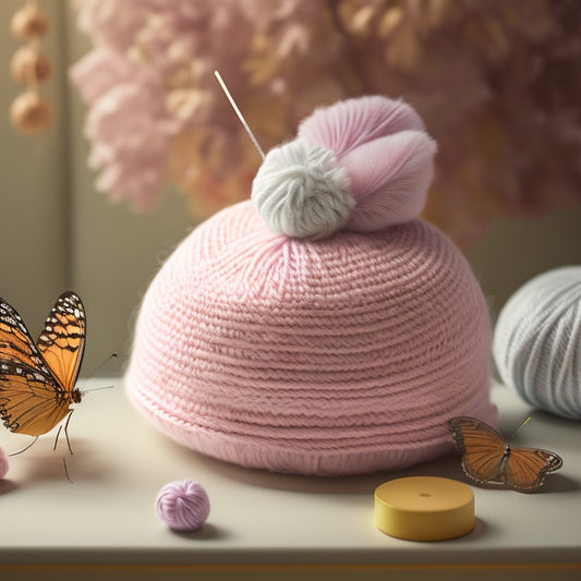 A delicate, pastel-colored butterfly perches on a ball of soft, fluffy yarn, surrounded by knitting needles and half-finished hat with fluttering butterfly-inspired brim.