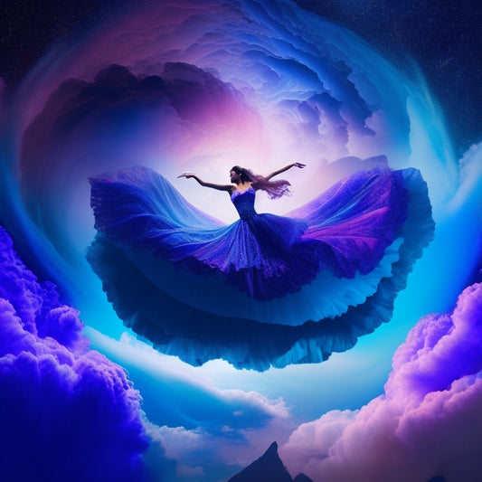 A whimsical, dreamlike digital illustration featuring a dancer's silhouette in mid-air, surrounded by swirling clouds of vibrant colors and delicate, swirling patterns, amidst a dark blue background.