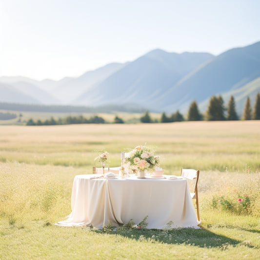 A serene, sun-kissed outdoor wedding scene with a white tent, elegant tables, and a subtle mountain range in the background, surrounded by lush greenery and a few scattered wildflowers.