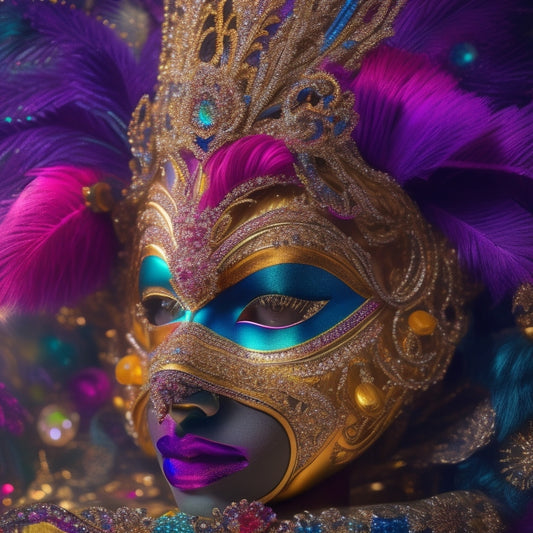 A regal, bejeweled carnival mask with intricate, swirling patterns, surrounded by a halo of colorful, swirling makeup brushes, with a subtle crown and lavish, flowing fabrics in the background.