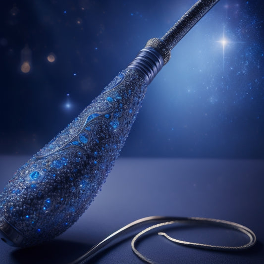 A whimsical illustration of a slender, ornate cane with a sparkling silver handle, surrounded by swirling mist, stars, and tiny, shimmering lights, set against a deep, midnight-blue background.