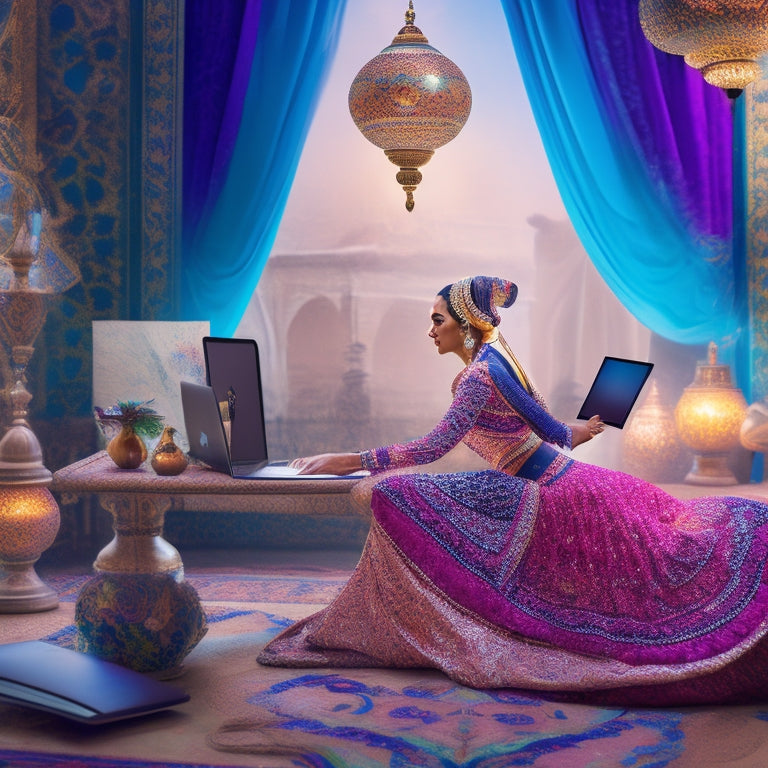 A whimsical illustration of a dancer in a colorful Middle Eastern-inspired setting, surrounded by swirling patterns and ornate lanterns, with a subtle laptop and papers in the corner, hinting at organization and creativity.