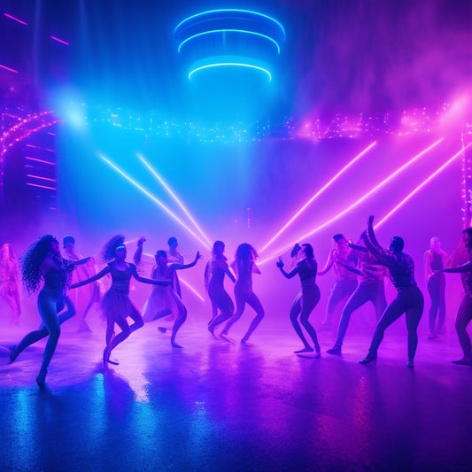 A vibrant dance floor scene at night, with strobing lights, swirling fog, and dancers in dynamic poses, surrounded by futuristic neon arches and a giant, glowing FWFX logo in the background.