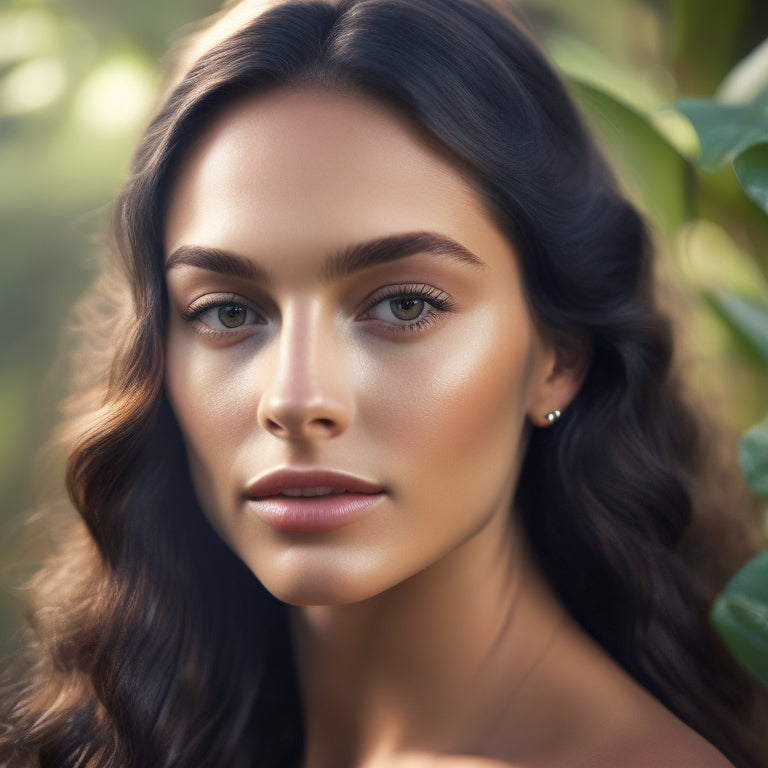 A serene, warm-lit portrait of Laylee Emadi surrounded by lush greenery, with a subtle, earthy tone color palette and gentle, natural lighting that accentuates her effortless, makeup-free beauty.