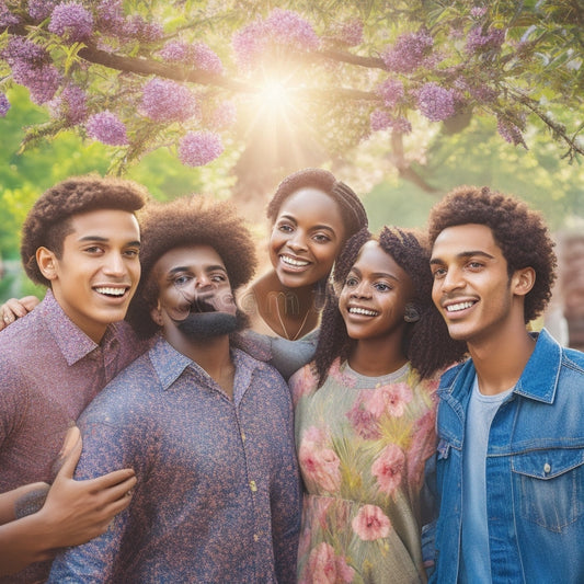 Vibrant illustration of diverse young people, ages 15-25, gathered around a large, blooming tree in a sun-kissed park, surrounded by colorful flowers, with outstretched arms and smiling faces.