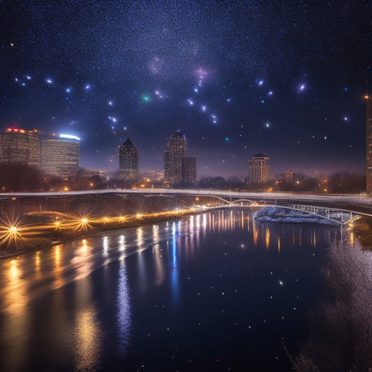 A starry night sky over Grand Rapids' cityscape, with twinkling lights reflected in the Grand River, surrounded by dancing silhouettes under a shower of glittering sparks.