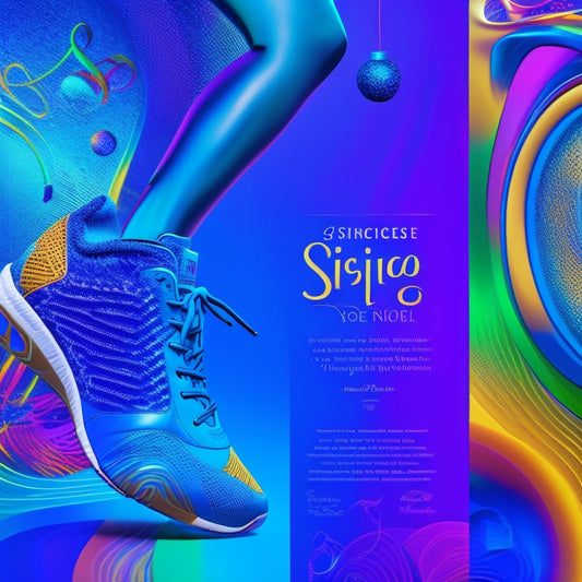 A colorful poster featuring a stylized dance studio logo, surrounded by swirling patterns of music notes, dance shoes, and vibrant shapes, set against a bright, electric blue background.