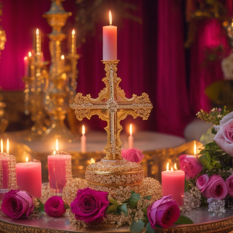 An ornate, golden Armenian cross stands amidst a lavish, candle-lit backdrop, surrounded by bouquets of red and pink roses, with a sparkling, crystal-encrusted wedding cake in the foreground.