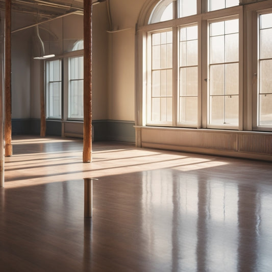 A serene, empty dance studio with a wooden ballet barre standing against a mirrored wall, surrounded by scattered dance shoes and a few forgotten water bottles, bathed in soft, warm morning light.