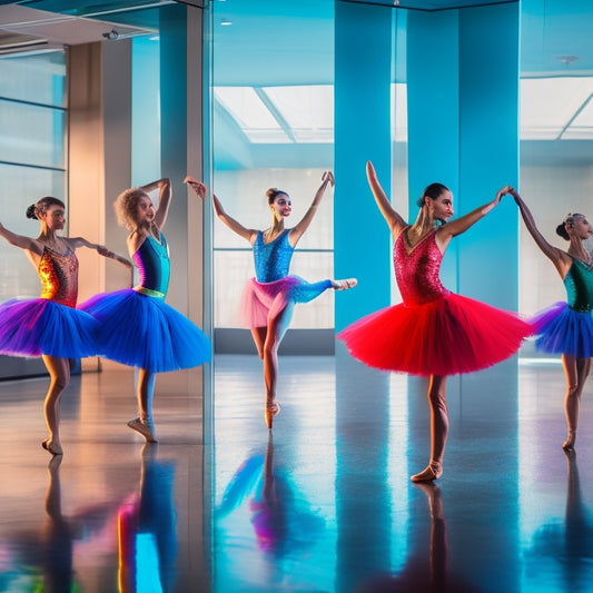 A vibrant dance studio filled with colorful leotards, shimmering skirts, sleek leggings, and stylish dance shoes arranged artfully around a mirrored wall, reflecting energy and creativity, showcasing the essence of competitive dance wardrobe essentials.