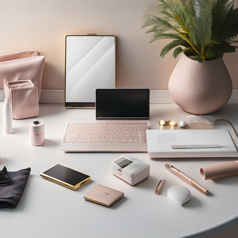 A clutter-free, minimalist workspace with a sleek laptop, a portable makeup kit, and a smartphone, surrounded by subtle makeup-inspired accents, set against a soft, creamy background.