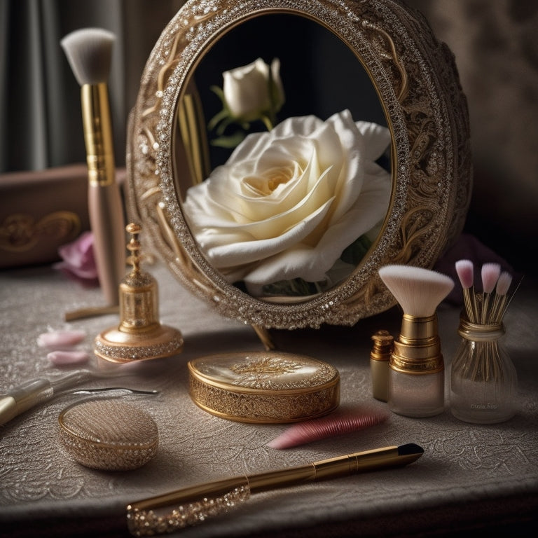 A soft, golden light-filled image featuring a elegant, lace-detailed wedding veil draped over a ornate, antique vanity, surrounded by luxurious makeup brushes and delicate, rose-petal-adorned beauty tools.