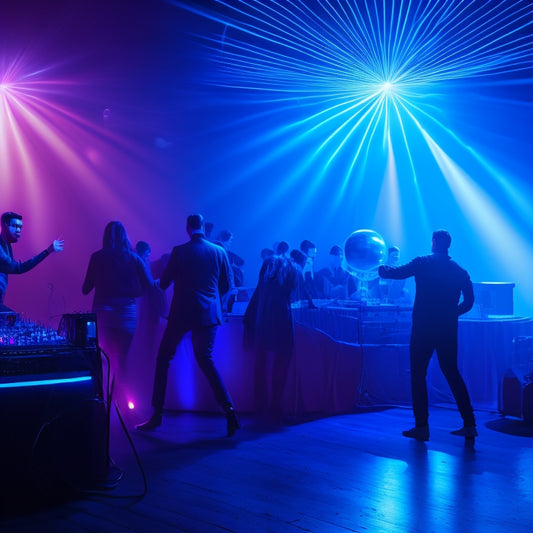 A dark blue background with neon lights, DJ equipment, and a spinning disco ball, surrounded by silhouettes of dancing people, with a subtle WordPress logo in the corner.