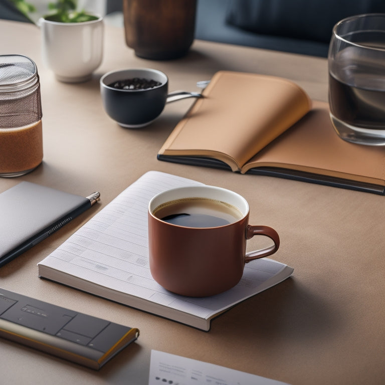 A minimalist desk with a sleek, leather-bound planner, a cup of steaming coffee, and a few scattered, colorful pens, set against a blurred background of a bustling creative workspace.