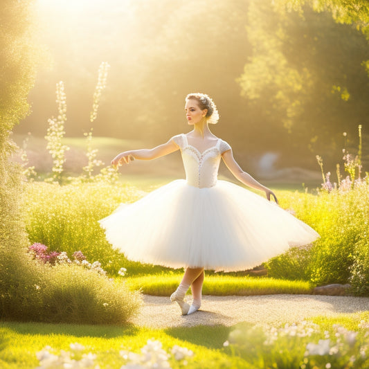 A serene outdoor setting with a ballet dancer standing on a grassy lawn, wearing a flowing white tutu, and real ballet shoes, surrounded by blooming flowers and a subtle sunlight glow.