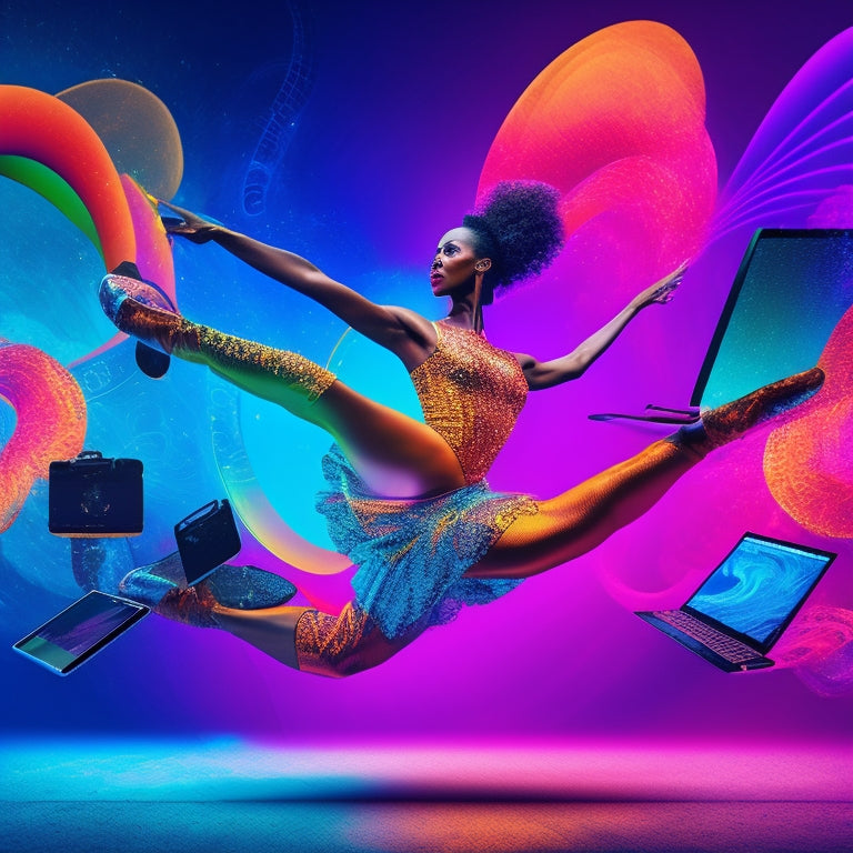 A vibrant, stylized illustration of a dancer in motion, surrounded by laptops, tablets, and smartphones with screens displaying dance-related digital tools, amidst swirling shapes and lines evoking energy and movement.