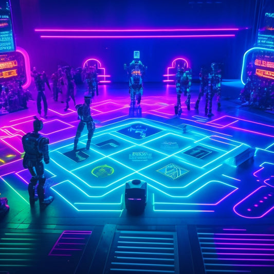 A futuristic, neon-lit dance floor with a giant, glowing Hack The Box logo at its center, surrounded by dancing avatars, robots, and hackers in various fun, colorful outfits.