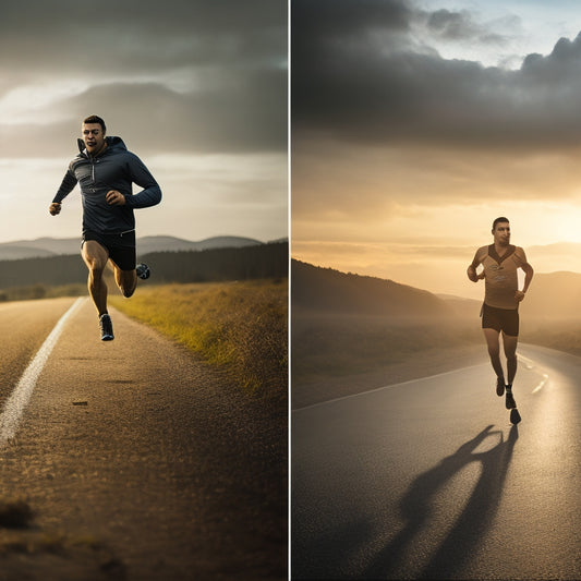 A split-screen image: on the left, a runner in a dark, gloomy atmosphere, trudging along to a slow, melancholic melody; on the right, the same runner, empowered, sprinting under a bright, sunny sky to an upbeat, energetic tune.